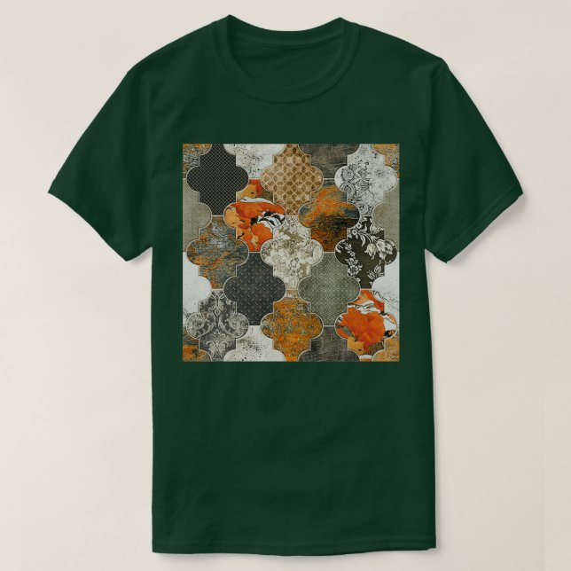 Moroccan Tiles Rust Orange Olive Grått T Shirt (Design framsida)