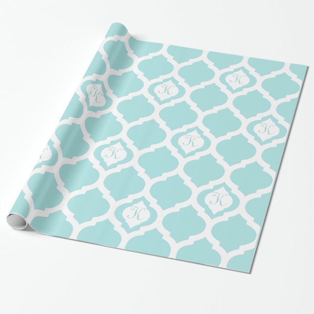 Moroccan trellis aqua teal och white monogram wrap presentpapper (Utrullad)