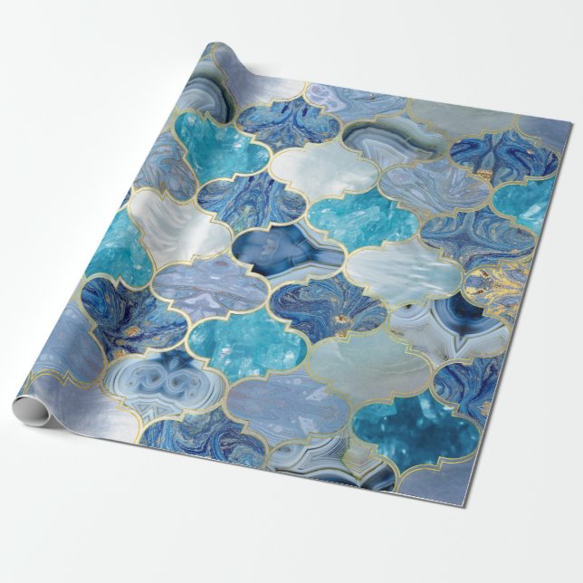 Moroccan trellis Blue Mineral Struktur Presentpapper (Utrullad)