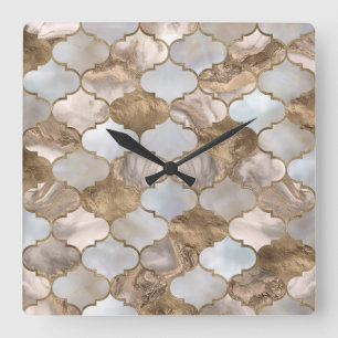 Moroccan trellis White marble och guld Fyrkantig Klocka