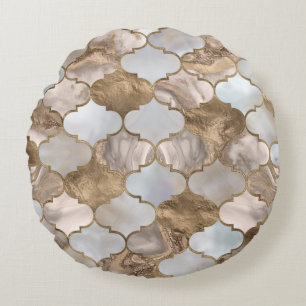 Moroccan trellis White marble och guld Rund Kudde