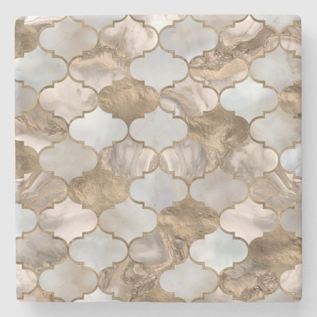 Moroccan trellis White marble och guld Stenunderlägg (Framsidan)