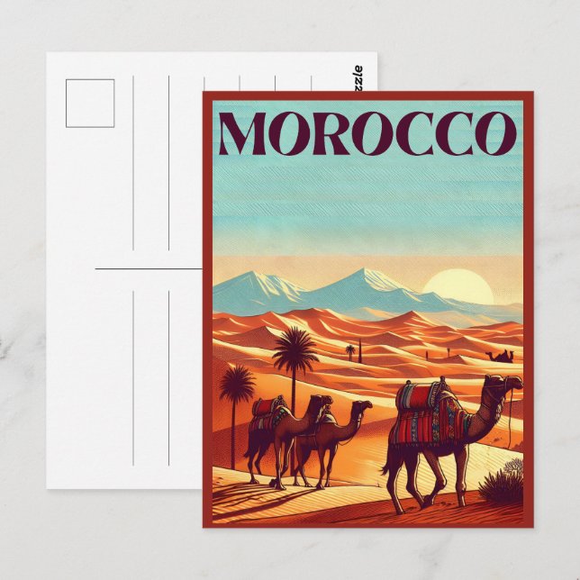 Morocco-resevykort med kameler i ökengåva vykort (Fram/baksida)