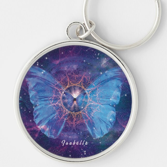 Morpho butterfly / Galaxy Mandala Rund Silverfärgad Nyckelring (Framsidan)