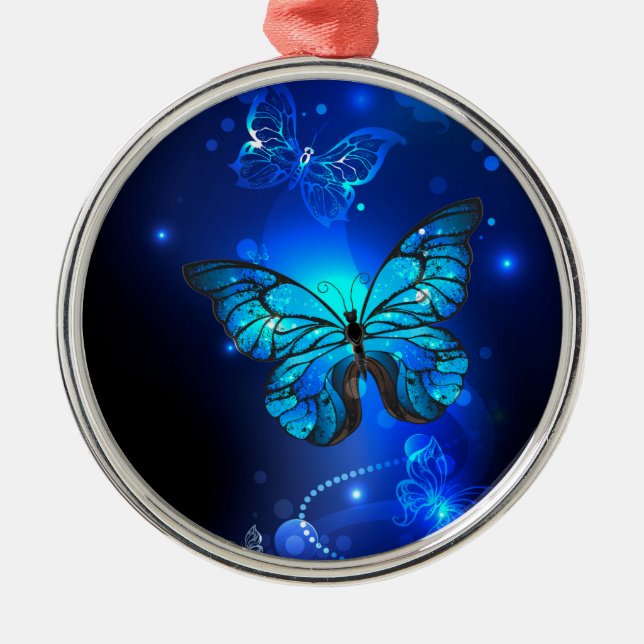 Morpho Butterfly i Mörkens bakgrund Julgransprydnad Metall (Framsidan)