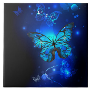 Morpho Butterfly i Mörkens bakgrund Kakelplatta