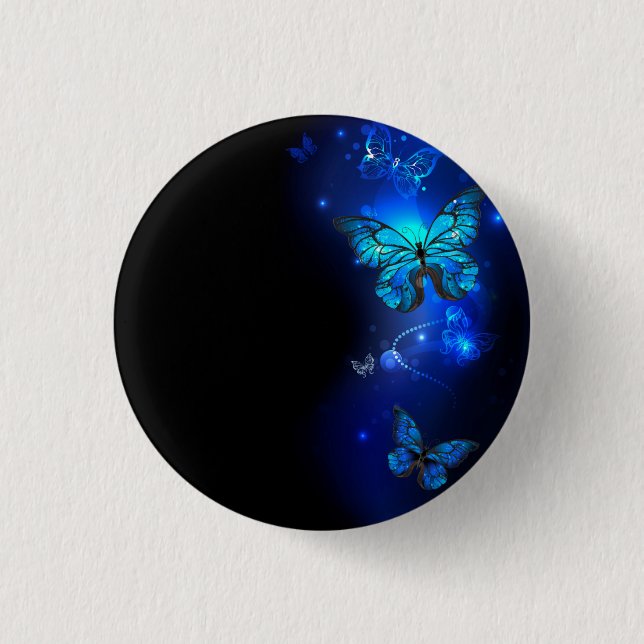 Morpho Butterfly i Mörkens bakgrund Knapp (Framsida)