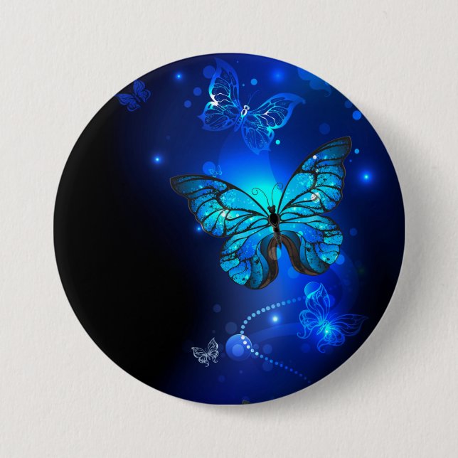 Morpho Butterfly i Mörkens bakgrund Knapp (Framsida)