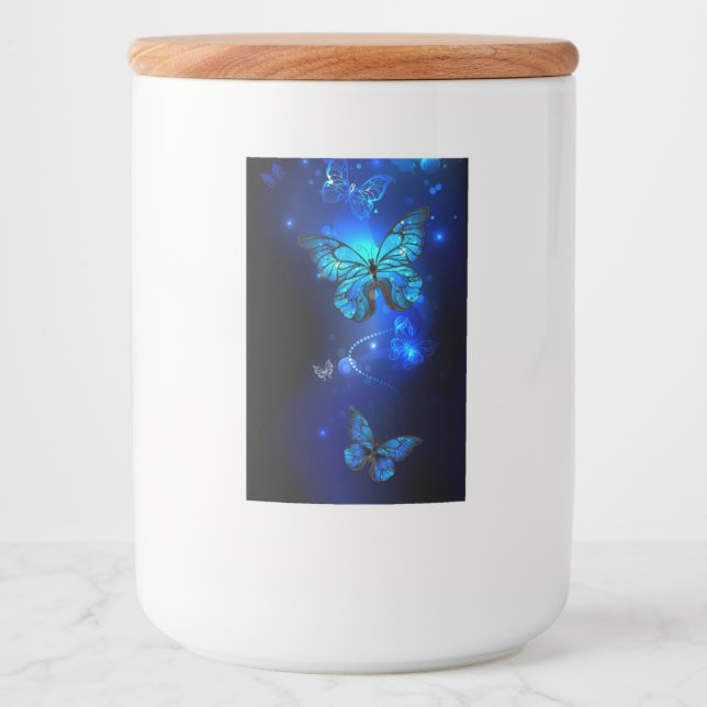 Morpho Butterfly i Mörkens bakgrund Mat Etikett (Framsida)