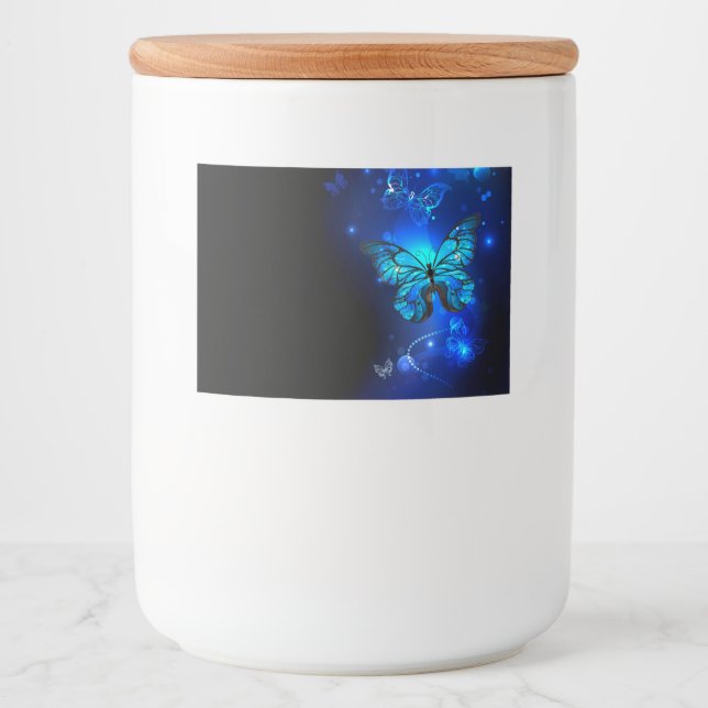 Morpho Butterfly i Mörkens bakgrund Mat Etiketter (Framsida)