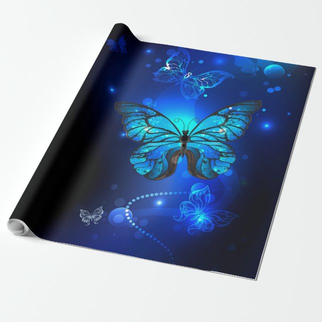 Morpho Butterfly i Mörkens bakgrund Presentpapper (Utrullad)