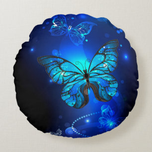Morpho Butterfly i Mörkens bakgrund Rund Kudde