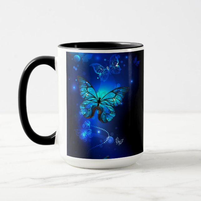 Morpho Fjäril i Mörk Bakgrund Mugg (Vänster)