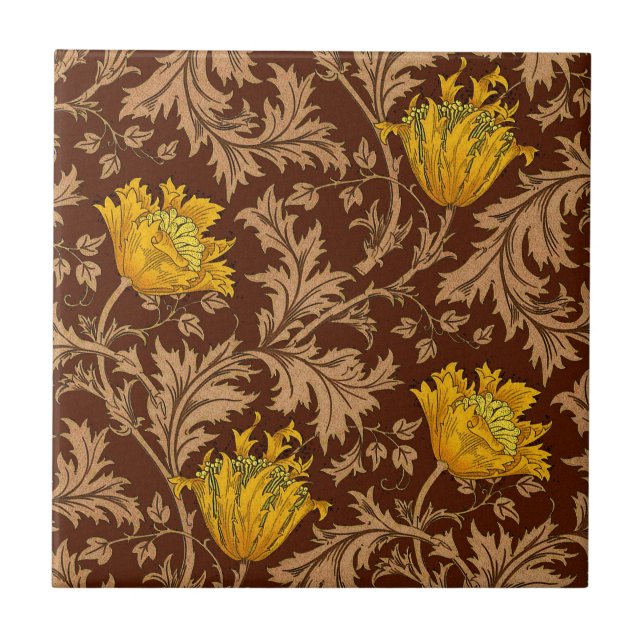 Morris Anemone Mönster, Brown och Mustard Guld Kakelplatta (Framsidan)