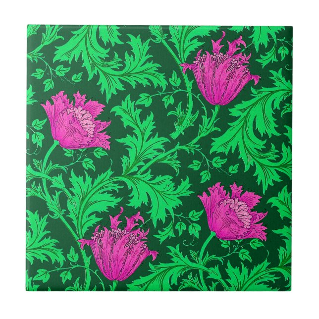 Morris Anemone Mönster, Emerald Grönt och Fuchsia Kakelplatta (Framsidan)