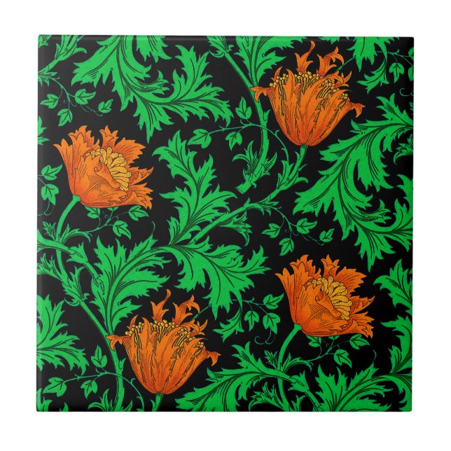 Morris Anemone Mönster, Orange, Grönt och svart Kakelplatta (Framsidan)