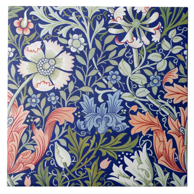 Morris Blue Background 1896 Compton-Blommönster Kakelplatta (Framsidan)