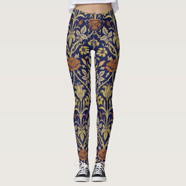 Morris Blue Background Ro & Lily Flower Mönster Leggings (Framsida)