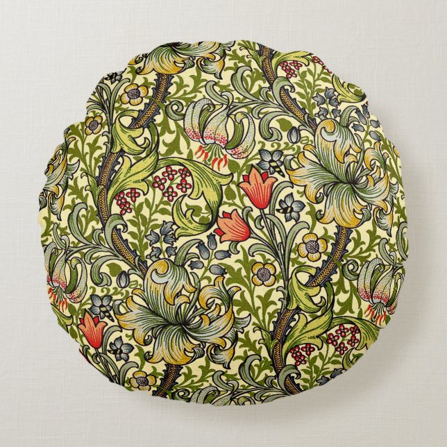 Morris Golden Lily Mönster Cushions Rund Kudde (Framsidan)
