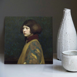Morris Guld Grönt Art nouveau Porträtt Lily Kakelplatta