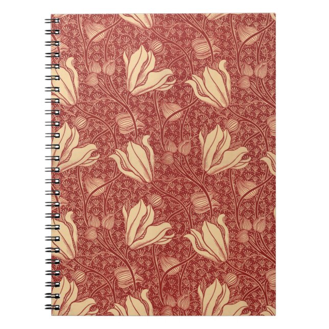 Morris Inspired Lily Flower Botanical Red Textile Anteckningsbok (Framsidan)