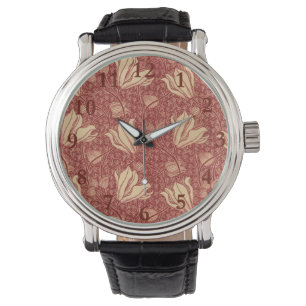 Morris Inspired Lily Flower Botanical Red Textile Armbandsur