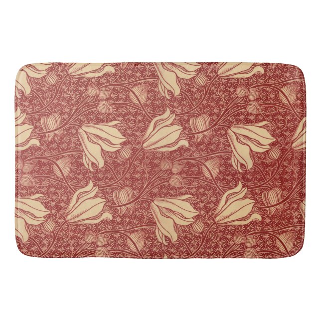Morris Inspired Lily Flower Botanical Red Textile Badrumsmatta (Framsidan)