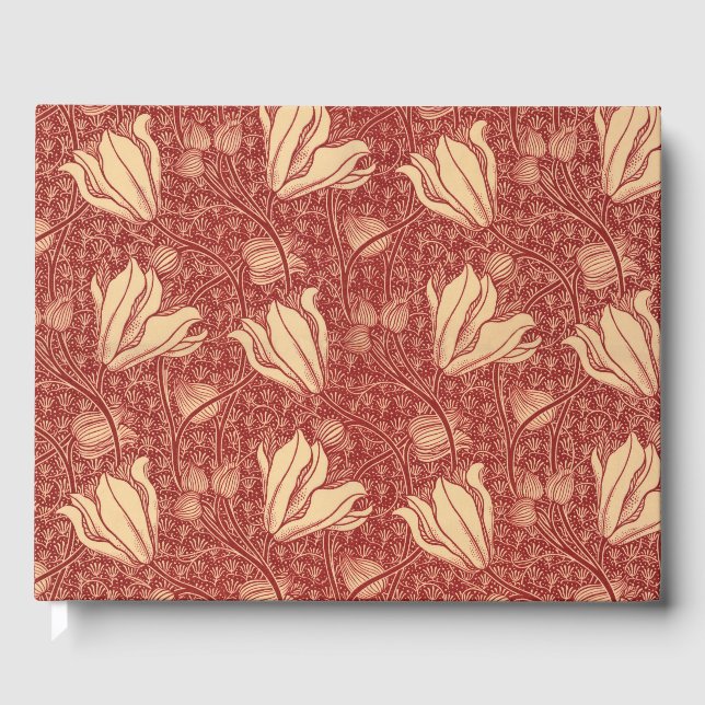 Morris Inspired Lily Flower Botanical Red Textile Gästböcker (Framsida)