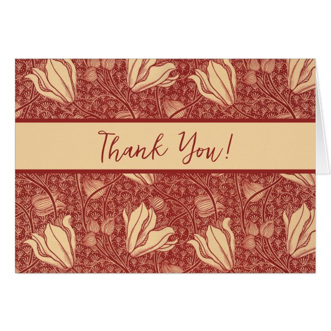 Morris Inspired Lily Flower Botanical Red Textile Hälsningskort (Framsidan Horizontal)