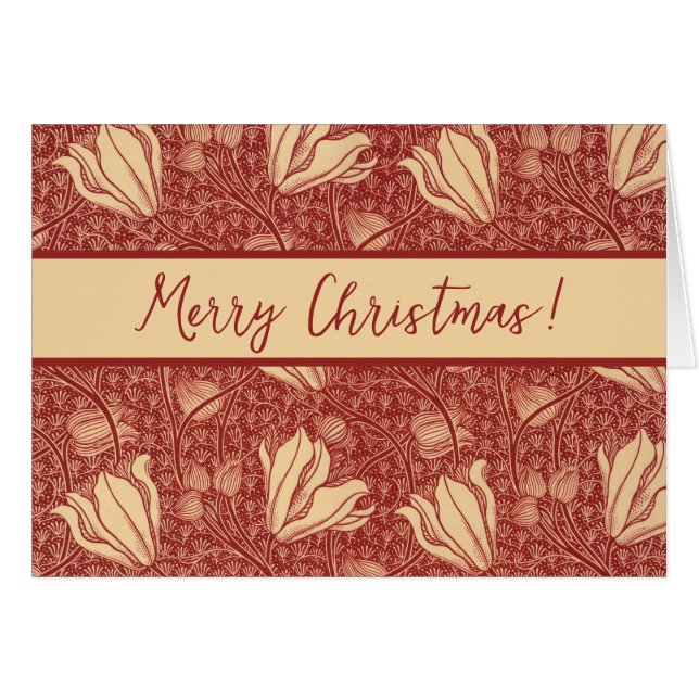 Morris Inspired Lily Flower Botanical Red Textile Hälsningskort (Framsidan Horizontal)