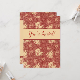 Morris Inspired Lily Flower Botanical Red Textile Inbjudningar
