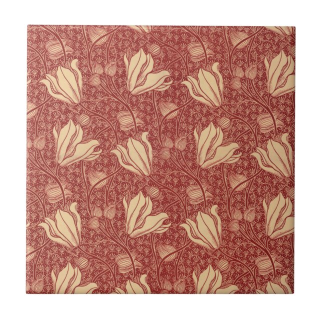 Morris Inspired Lily Flower Botanical Red Textile Kakelplatta (Framsidan)