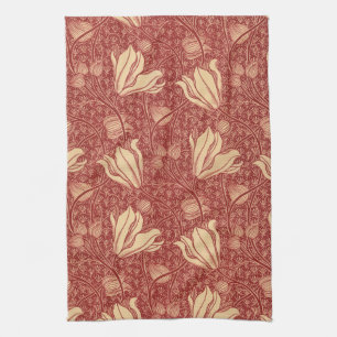 Morris Inspired Lily Flower Botanical Red Textile Kökshandduk