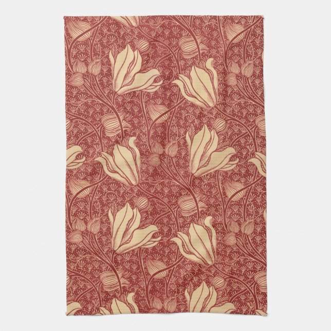 Morris Inspired Lily Flower Botanical Red Textile Kökshandduk (Vertikal)