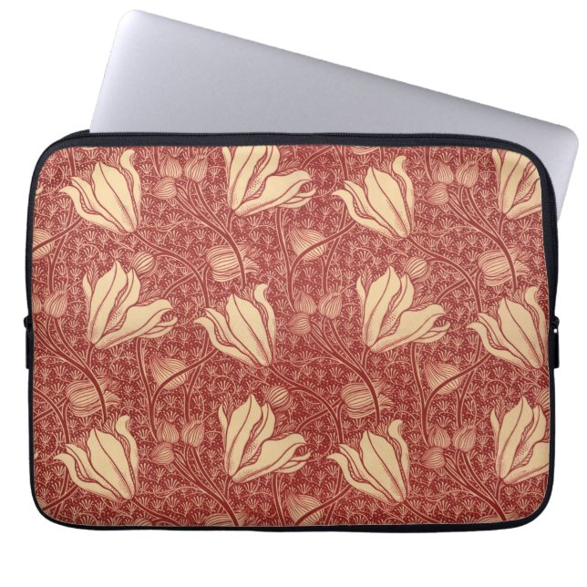 Morris Inspired Lily Flower Botanical Red Textile Laptop Fodral (Framsidan)
