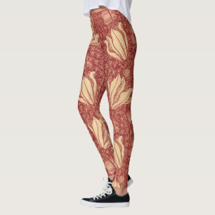 Morris Inspired Lily Flower Botanical Red Textile Leggings