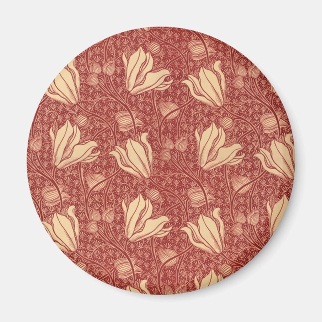 Morris Inspired Lily Flower Botanical Red Textile Magnet (Framsidan)
