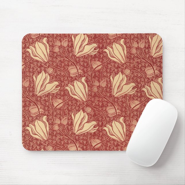 Morris Inspired Lily Flower Botanical Red Textile Musmatta (Med mus)