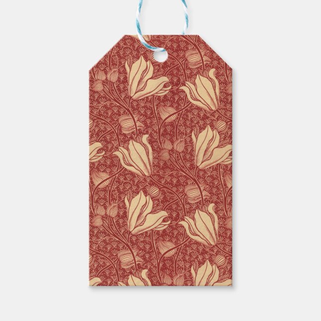 Morris Inspired Lily Flower Botanical Red Textile Presentetikett (Framsidan)