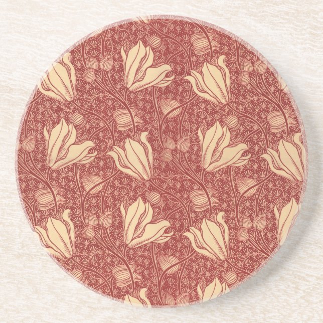 Morris Inspired Lily Flower Botanical Red Textile Underlägg (Framsidan)