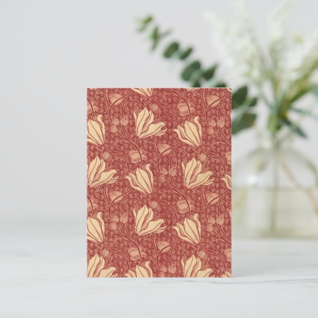 Morris Inspired Lily Flower Botanical Red Textile Vykort (Stående Fram)