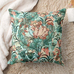 Morris Inspired Tulips, Peonies,Acanthus Grönt Kudde