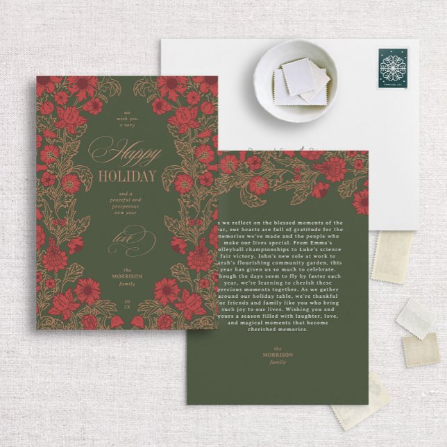 Morris-inspirerad Blommigt Mörk grönt Julkort (Skapare uppladdad)