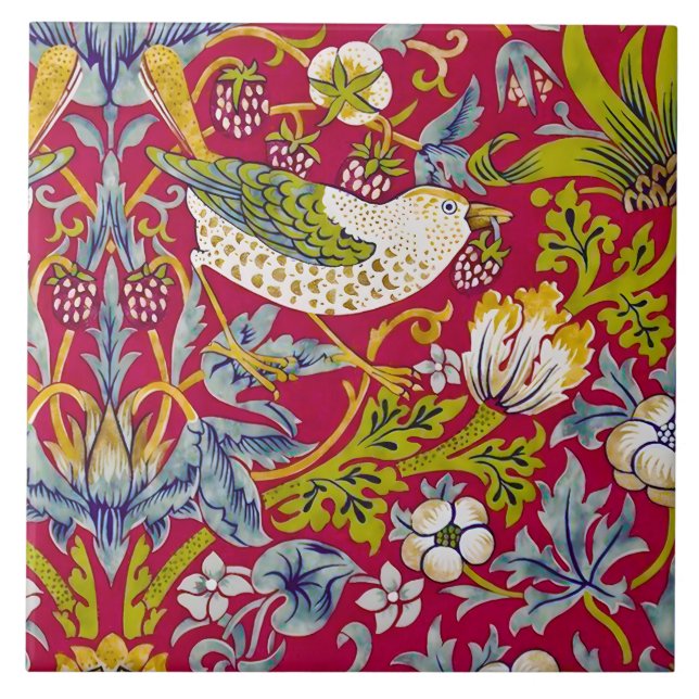 Morris Red Background Strawberry Thief Mönster Kakelplatta (Framsidan)