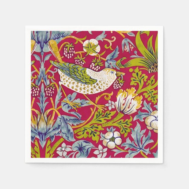 Morris Red Background Strawberry Thief Mönster Pappersservett (Framsidan)