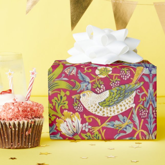 Morris Red Background Strawberry Thief Mönster Presentpapper (Födelsedagsfest)