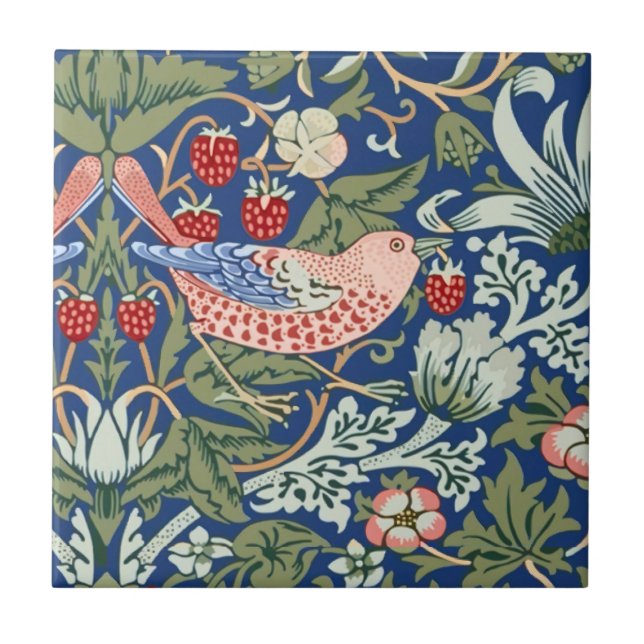 Morris Strawberry Thief Close-up Blue Green Kakelplatta (Framsidan)