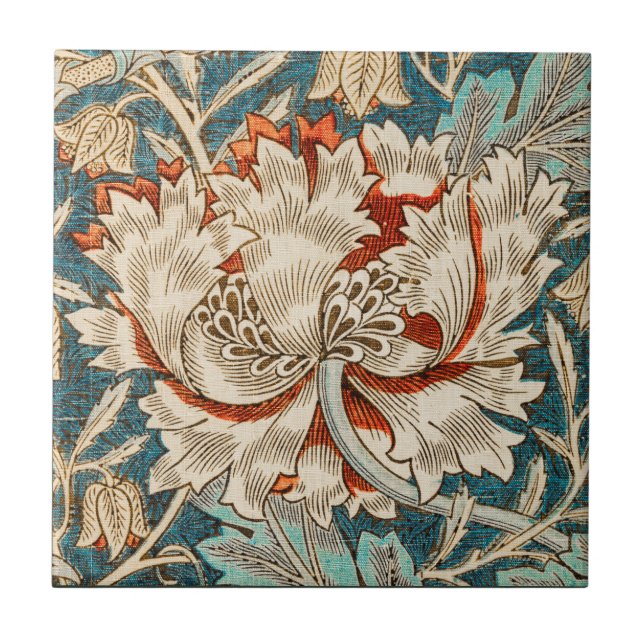 Morris Teal Blå Honeysuckle Blommig Tapet Kakelplatta (Framsidan)