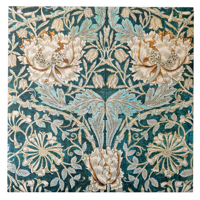 Morris Teal Blå Honeysuckle Blommig Tapet Kakelplatta (Framsidan)