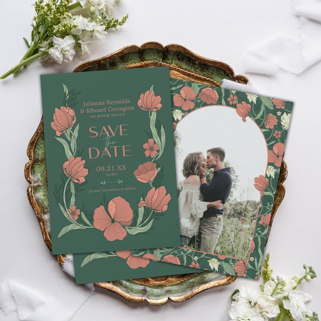 Morris Terrakotta & Grön Blommig Foto Spara Datumet (Announce your special day in style with this exquisite photo Save the Date card.)